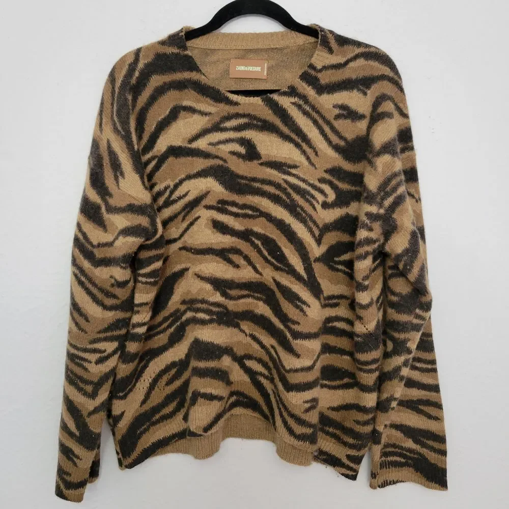 Zadig & Voltaire Tan and Black Tiger-Print Crewneck Sweater - Picture 1 of 10